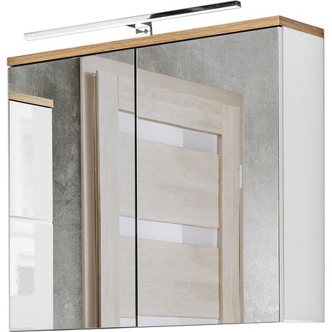Badezimmer Spiegelschrank 80 cm LED-Beleuchtung LUTON-56 Hochglanz weiß mit Wotan Eiche Nb., B/H/T ca. 80/70/20 cm (1/3)
