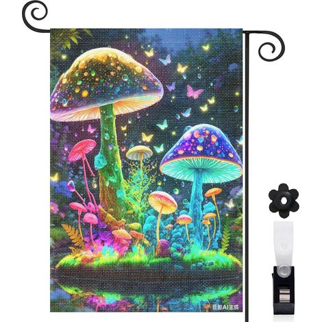 Drapeau de jardin bienvenue 30 x 45 cm motif champignons colorés et herbe verte toile double face (1/5)