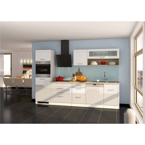 Küche mit Geschirrspüler 300 cm weiß MARANELLO-03 inkl. E-Geräte, Weiß Hochglanz, Design-Glashaube mit E-Geräten B x H x T ca. 300 x 200 x 60cm (1/5)