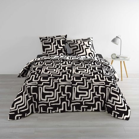Parure de lit 3 pièces 100% coton à motifs géométriques housse + taies Noir 240x220 cm (1/2)