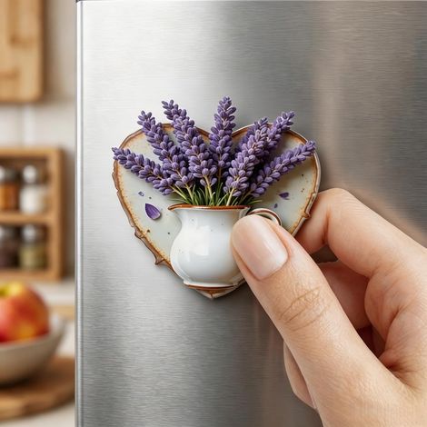 Aimant décoratif cœur lavande plat 2D aux tons violets, décoration de cuisine polyvalente pour toutes surfaces métalliques (1/5)