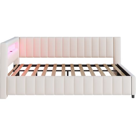 Gepolstertes Bett 140x200 aus beigem Samt mit LED, USB und Kopfteil (1/5)