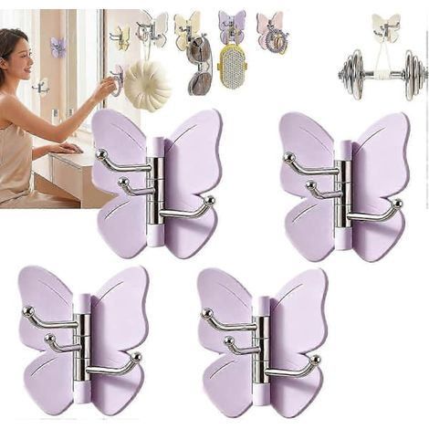 Crochets et étagères de rangementCrochets papillon rotatifs, lot de 4 crochets papillon rotatifs adhésifs, cintre pivotant à 3 crochets sans perçage avec ailettes réglables, adhésif puissant - Violet (1/5)