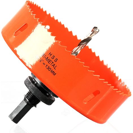 Scie Cloche Bi-métal 130 mm, M42 HSS Bimétallique Scie Trèpan avec Foret de Centrage pour Perceuse à Percer pour Fer, Aluminium, Bois, Cloison Sèche, Tuyau, Panneau de Fibres de Bois/Orange (1/5)