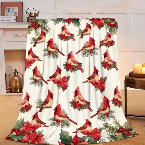 Coperta natalizia in pile di flanella con uccello cardinale per donna e uomo, 59×51 pollici, coperta per divano rossa e bianca, per divano, poltrona, letto, dormitorio, camera da letto, casa (1/5)