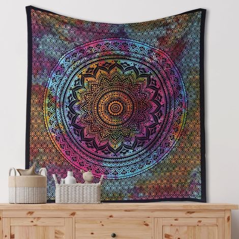 Mandala Ombre Mur Chambre Tapisserie Esthétique, 135x150 cm Coton Indien Tie Dye Couvre-Lit Moyen Tenture Murale Décor Pique-Nique (1/4)