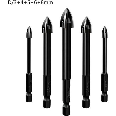 Foret À Carrelage Et Verre - Alliage Carbure De Tungstène YG6X - Angle En Croix - Pour Carreaux Céramique Marbre Miroirs Verre - Lot De 5 (3 mm 4 mm 5 mm 6 mm 8 mm) (1/5)