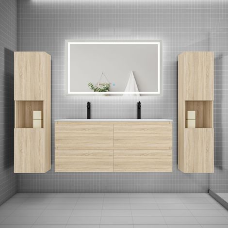 AICA Ensemble meuble double vasque L.120cm + lavabo + LED miroir + 2colonne chêne C (1/5)