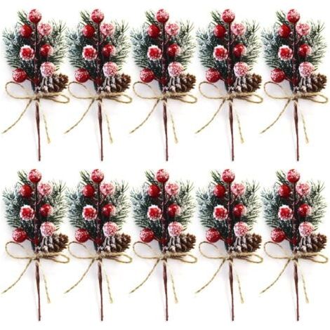 Lot de 10 tiges de Baies de Noël Rouges de 20 cm - Petits Pics et Sprays de Noël artificiels avec Pommes de pin, Houx, Baies de Noël, décorations de Fleurs pour couronnes de Noël (1/5)