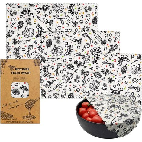 Set di 3 involucri in cera d'api con stampa vegetale in bianco e nero in tre misure (S/M/L), riutilizzabili, confezione alimentare senza plastica per (1/2)