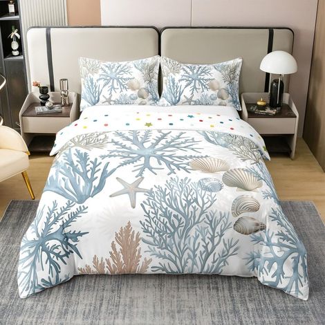 Cotton Housse de Couette Seashell Starfish Parure de Lit 220x240 Plage Océanique Côtière Bleue Couvre Lit Algues Coralliennes Literie Set Vie Marine sous l'eau,2 Taies d'oreiller (1/5)