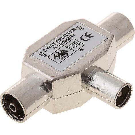 Adaptateur coaxial métallique 2 voies pour antenne TV (1x mâle vers 2x femelles). (1/5)
