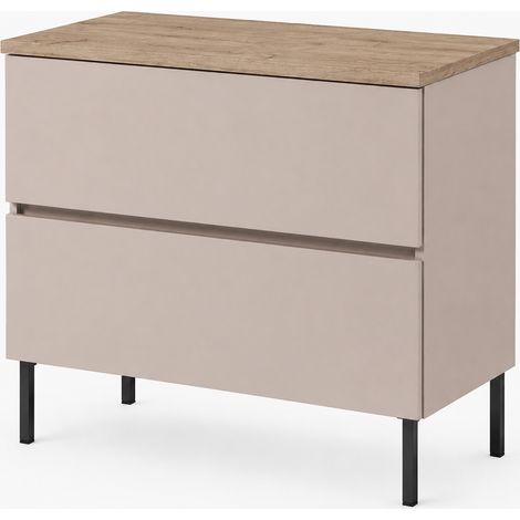 Mobile Bagno a Terra sotto Lavabo con Piano, 2 Cassetti con Chiusura Ammortizzata, Frontale Liscio senza Maniglie, Cashmere + Piano Rovere chiaro, Piedini Neri, 80 x 46 x 73,6 cm (1/5)