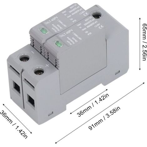 Parafoudre 2P DC 600V – Protection contre surtensions 20kA – Niveau de protection 2.8kV – Montage sur rail standard 36mm (1/5)