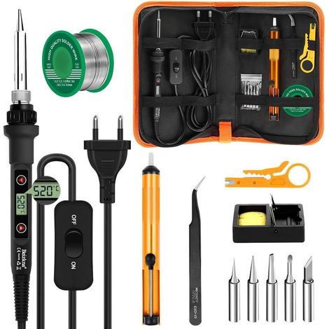 Kit de soldador LCD de 80 W con temperatura ajustable (180-520 °C). Incluye: interruptor de encendido/apagado, 50 g de hilo de soldadura, 5 puntas de soldadura, bomba desoldadora, soporte para soldado (1/5)
