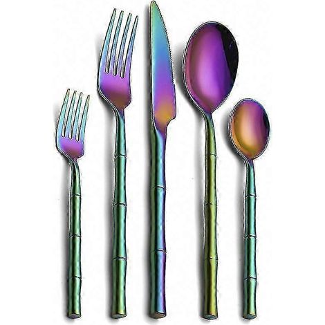 Coffret de 5 couverts en acier inoxydable 304 avec manche en bambou cylindrique créatif, ustensiles épais pour cuisine et table, couverts durables design moderne (1/5)