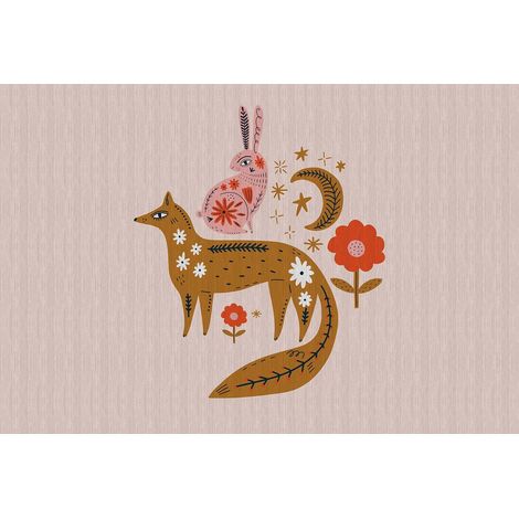 Papier peint panoramique animaux chambre enfant Tapisserie panoramique chambre fille lapin & renard Papier peint panoramique rose & marron (1/2)