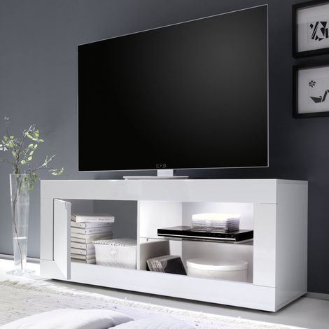 TV-Schrank Gambara, 2 Regalböden, mit Grifföffnung, Made in Italy, 4 Fächer, 140x43x56h cm Hochglanz Weiß (1/4)