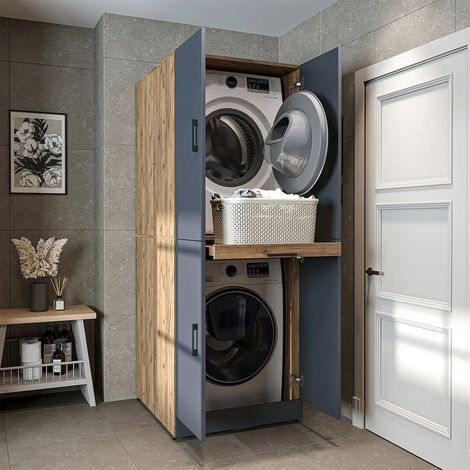 Dora Washer and Dryer Stacker Cabinet with Double Doors and Pull-Out Basket Shelf, Oak Effect and Anthracite (1/5)