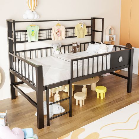 Lit enfant 90x200 cm, Lit Mezzanine bas métallique avec étagères, pour chambre fille ou ado, Lit Coffre 1 Place – cadre Noir – gain de place (1/5)