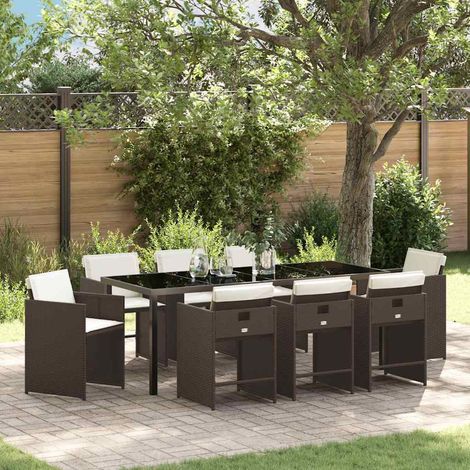 Garten Essgruppe mit Kissen 9 pcs Braun Poly-Rattan (1/5)
