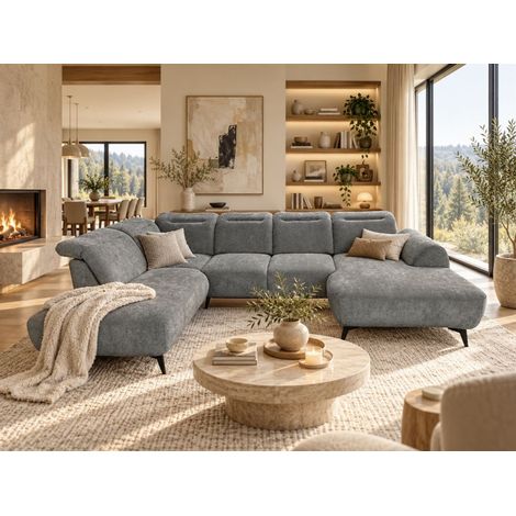 Wohnlandschaft Sofa U-Form ALETTE in Stoff Doha Dunkelgrau Lange Schenkel Links (1/5)