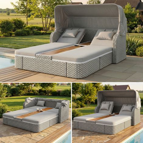2-Sitzer Relax-Gartenstuhl aus PE-Rattan, Sonnenliege mit Sonnendach, Gartenliege mit 5cm abnehmbarem waschbarem Kissen, Grau