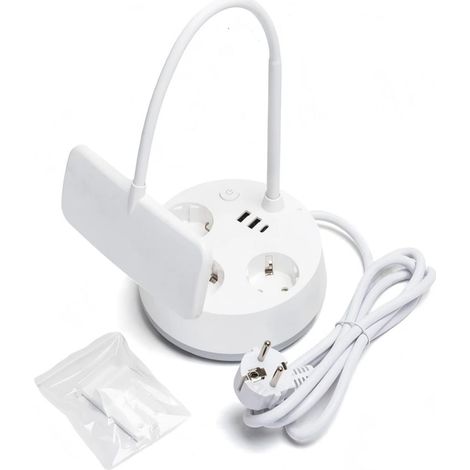 Abat-jour LED multifonction avec prise 4.6W, 3 températures de couleur 450lm, prises + USB + support téléphone