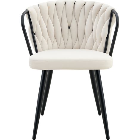 Chaise de salle à manger en velours, chaise rembourrée moderne avec dossier tressé et pieds en métal noir mat, fauteuil ergonomique pour salle à manger, salon et cuisine, beige-noir (1/5)