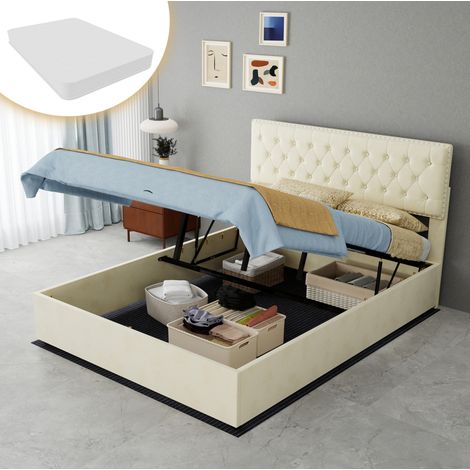Lit rembourré moderne en velours beige 140x200 cm avec tête de lit haute, sommier à lattes et espace sous lit, matelas inclus