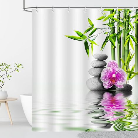 Zen Rideau Douche Anti Moisissure 200x200 Galet Bambou Imprimé Vert Blanc Rideau de Douche Baignoire Tissu Imperméable Polyester Rideaux Salle de Bain Lavable Machine avec Anneaux (1/4)