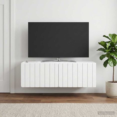 Meuble TV mural blanc en bois d’ingénierie, 2 portes, 98 x 41 x 30 cm - PANGIVO (1/5)