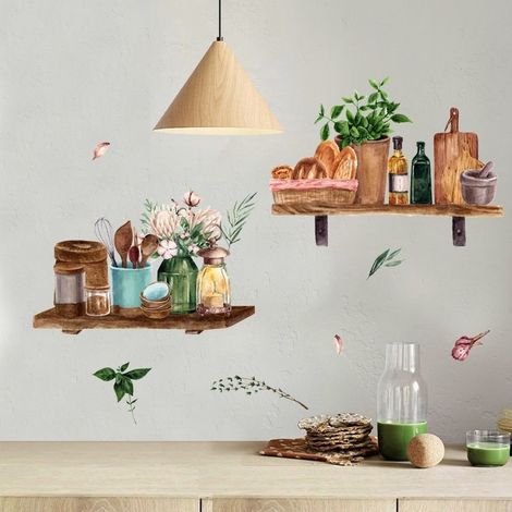 Ensemble de 2 Cuisine Floral Vaisselle Motif Salle À Manger Aménagement Amovible Décoratif PVC Stickers Muraux Salon Chambre AutoAdhésif Artwork (1/5)