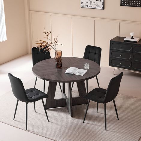 Wokaka Tavolo da pranzo rotondo moderno (120 cm) – Piano in legno nero – 4-6 persone (1/5)