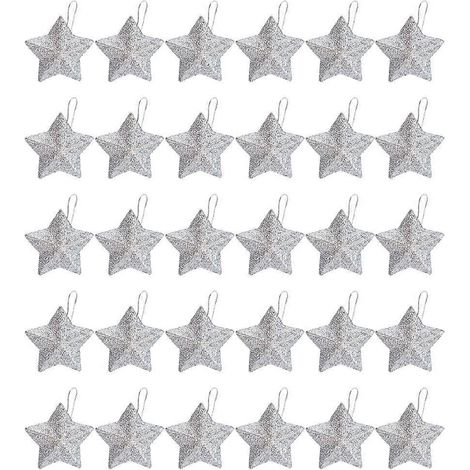 30 pendentifs étoiles de Noël 3D à paillettes, décorations à suspendre, cadeaux de fête-6.5x5cm-Silver (1/2)