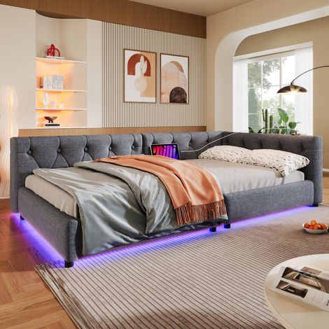 Sofá cama 90/200 cm gris de lino y MDF con LED y USB-C (1/5)