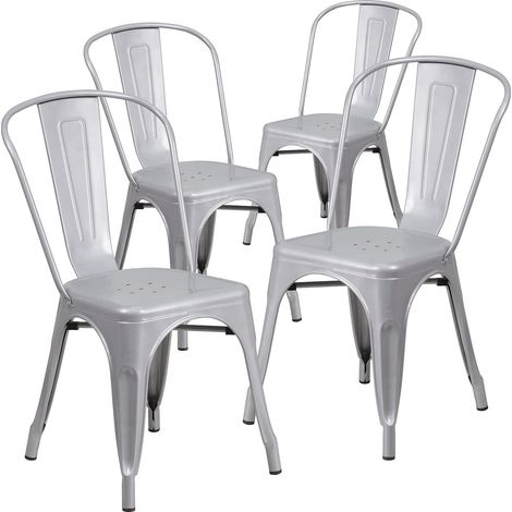 Lot de 4 chaises empilables en métal pour intérieur et extérieur en Caoutchouc Plastique, Couleur Argent, Lot de 4 (1/5)