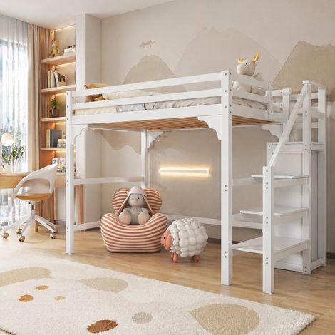 Letto a soppalco MEUBLIV 140x200 cm bianco – con armadio e scala, senza materasso (1/5)