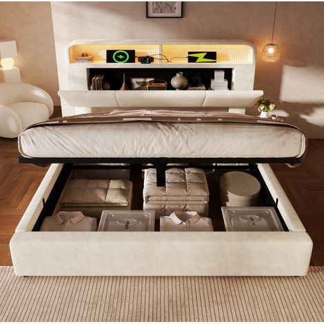FLORAGRACE Lit adulte 180x200 cm en velours beige avec tête de lit relevable à rangement, LED, USB/Type-C (1/5)