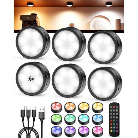 Lampe Placard RGB avec Detecteur de Mouvement, Spot LED Rechargeable 2400mAh, Télécommande, Magnétique, Eclairage Vitrine Sans Fil pour Escalier Cuisine Sous Meuble, Armoire, Couloir, Chambre (1/5)