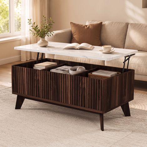 Mesa de centro elevable 105x53x42 cm, con tablero elevable y compartimento de almacenaje oculto para salón, acabado efecto mármol blanco y nogal (1/5)