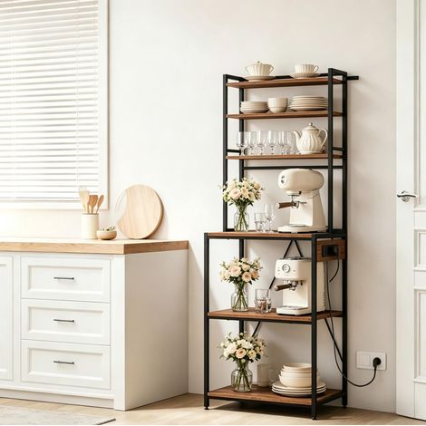 Scaffale da cucina 60x40x167 cm marrone rustico e nero in metallo e truciolato con prese e 6 ripiani (1/3)