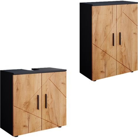 Set di mobili da bagno Irma, Quercia dorata/antracite, 2 parti, con unità midi, Vicco