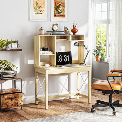 Bureau avec rangement bureau bibliothèque en bois avec étagères et grand plateau pour petits espaces, aspect chêne