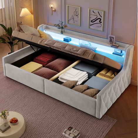 Letto singolo 90x200 cm bianco sporco in velluto con contenitore idraulico e testiera LED (1/5)