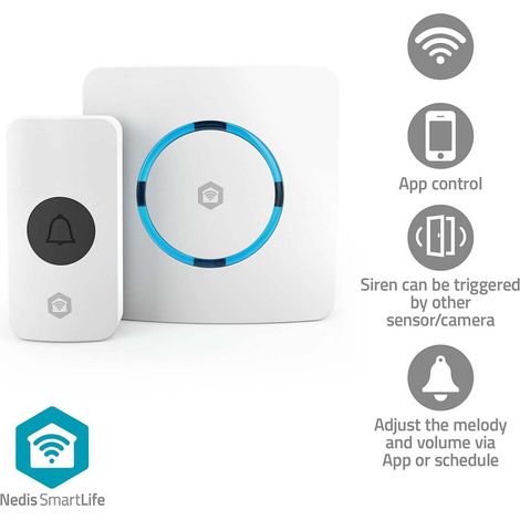 Nedis SmartLife Gong / RF, Frequenz 433 Mhz / Wi-Fi / Netzstromversorgung / 60 Melodien / 100 - 240 V AC / Verstellbares Volumen / Weiss