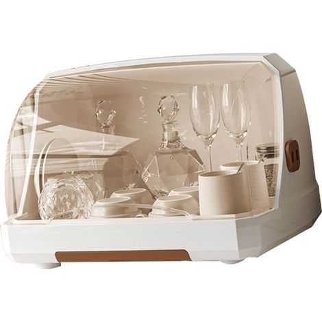 Organisateur de rangement multifonctionnel pour tasses de bureau, égouttoir à tasses, porte-tasses en verre anti-poussière avec couvercle et système d'égouttage, grand modèle marron