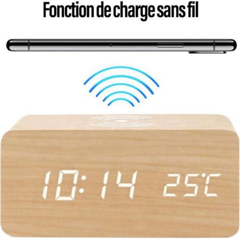 Reveil Numerique - Affichage Temperature - Chargeur Sans Fil - Bureau - 160 x 70 x 70 mm - Bois - Rouge (1/5)