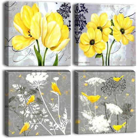 Leinwandbilder 4 Teilig Wandbild Wohnzimmer Gelbe Blumen und Vögel (1/5)