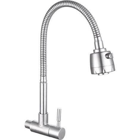 Robinet de salle de bain Acier Inox Brossé  Robinet Mural pour Eau Froide à Ressort Mitigeur de Cuisine Mémoire de Forme Mitigeur d'Evier Simple en